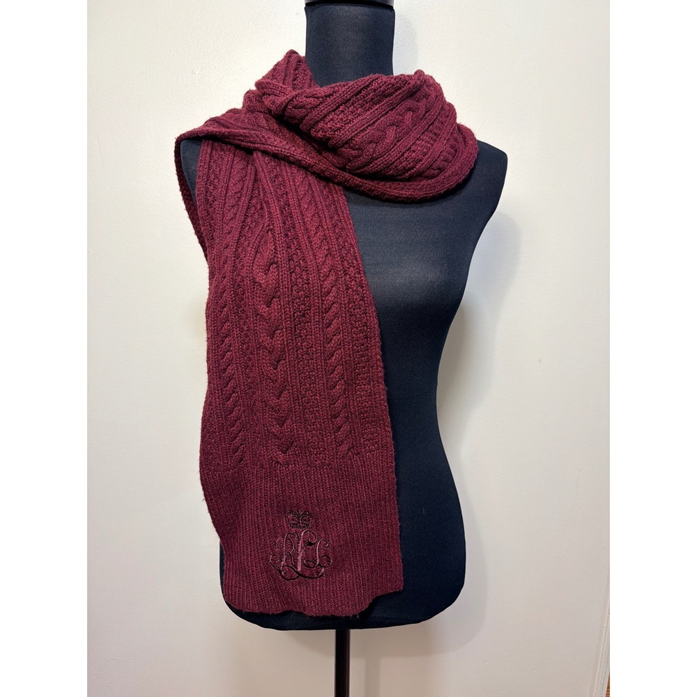Lauren Ralph Lauren crown Scarf OS Cable Knit Burgundy Rhinestone Monogram